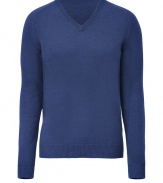 Quietly elegant and effortlessly cool, Jil Sanders gentian blue pullover raises the bar on everyday indispensables - Classic  v-neck style, in a soft, densely woven medium-weight Italian wool and camel hair blend - Rib trim at cuffs, collar and sleeves - Slim, straight cut - Versatile and polished, seamlessly transitions from work to weekend - Pair with slim trousers, chinos or dark denim