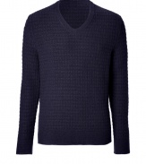 Work an exquisitely luxurious edge into your contemporary knitwear collection with Marc Jacobs navy textural knit cashmere pullover - V-neckline, long sleeves, contrast knit trim - Modern slim, straight fit - Pair with everything from jeans and tees to chic blazers and slick lace-ups