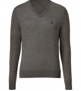 Elegant in grey heather merino wool, Ralph Laurens V-neck pullover is a great basic for this season and next - Embroidered logo, V-neckline, long sleeves, fine ribbed trim - Contemporary slim fit - Wear over shirts or tees with jeans, cords or chinos