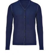 With a timeless blue hue and modern contrast trim, Jil Sanders wool cardigan is both classic and contemporary - High V-neckline, long sleeves, button-down front, contrast trimmed seaming - Slim fit - Wear with a button-down, tailored trousers and lace-ups