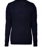 Textural chunky knits are a cool way to add a modern edge to your outfit, and Neil Barretts navy pullover is an ultra sophisticated choice - Rounded neckline, long sleeves, ribbed trim, slim fit - Pair with favorite tees and jeans, or dress up with blazers and Chelsea boots