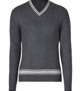 Work a contemporary edge into your chic knitwear collection with Marc by Marc Jacobs varsity-style silk-cashmere pullover - V-neckline, long sleeves, fine ribbed trim - Modern slim, straight fit - Pair with everything from jeans and tees to blazers and boots