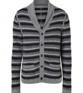 Inject an optical edge into your contemporary knitwear collection with Rag & Bones cool greyscale striped cardigan - Shawl collar, long sleeves, front slit pockets, fine ribbed grey trim, button-down front - Contemporary slim fit - Wear with tees and jeans, or over button-downs and slim cut trousers