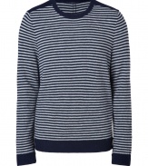 Finish your look on a timeless-modern note with Rag & Bones cool striped pullover - Crew neckline, long sleeves, navy ribbed trim - Contemporary slim fit - Wear with tees and jeans, or over button-downs and slim cut trousers