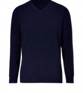 Give your timeless look an ultra modern redux with Costume Nationals navy V-neck pullover - V-neckline, long sleeves, shoulder seam detailing, ribbed trim - Contemporary slim, straight fit - Team with tailored trousers and minimalist leather jackets