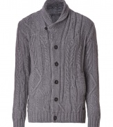 A timeless classic with limitless wearing possibilities, Woolrichs cabled shawl collar cardigan is a must for your winter knitwear wardrobe - Shawl collar, long sleeves, chunky ribbed knit trim, button-down front, side slit pockets - Modern slim fit - Wear with button-downs, tailored trousers and leather boots