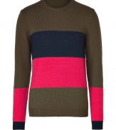 Work a bold colorblock into your knitwear collection with Marc by Marc Jacobs luxe modern iteration pure merino wool - Round neckline, long sleeves, fine ribbed trim - Slim fit - Wear with slim fit trousers and leather boots