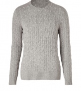 A luxury essential in a cool shade of heather grey, Ralph Laurens super soft cable knit cashmere pullover counts as a multi-season must - Round neckline, long sleeves, ribbed trim - Contemporary slim fit - Wear over shirts or tees with jeans, cords or chinos