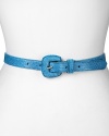 Give your waistline a shot of color with this snake-embossed leather belt from Via Spiga. Team it with a pair of black trousers and a blouse to make the most of the cool hue.