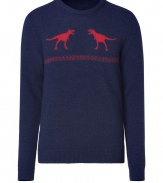 Whimsical goes luxe with this dinosaur-printed pullover from Jil Sander - Crew neck, long sleeves, slim fit, knitted dinosaur and stripe print - Pair with jeans and retro-inspired trainers