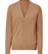 A must-have casual staple, this merino wool cardigan adds a preppy accent to any look - V-neck, long sleeves, front button placket, ribbed hem and cuffs, slim fit - Style with a cashmere pullover and straight leg jeans or chinos