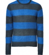 Collegiate stripes get a kick of downtown cool in Marc by Marc Jacobs blue mohair blend pullover - Rounded neckline, long sleeves, ribbed trim, fitted - Pair with jeans, chinos or cords