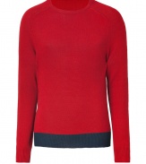 Luxurious sweater in a bright red silk-cashmere blend livens up any wardrobe - Uncommonly soft on - Narrow cut with round neck and long sleeves - Navy contrast at waist - Favorite everyday item is gorgeous alone or as a laying piece - Try with favorite jeans and boots or with corduroys and favorite sneaks