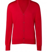 Polished, streamlined staples anchor any wardrobe, and Hugos radiant red cardigan is a great go-to this season - V-neckline, long sleeves, banded trim, button-down front, crafted from a lighter-weight, pure virgin wool - Classically slim, straight cut - Versatile and elegant, the perfect compliment to chinos, jeans or dress trousers