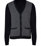 Inject a modern edge into your contemporary knitwear collection with Rag & Bones cool two-tone cardigan - V-neckline, long sleeves, front slit pockets, fine ribbed trim, button-down front, black back - Contemporary slim fit - Wear with tees and jeans, or over button-downs and slim cut trousers