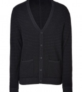 Finish your look on a timeless-modern note with Rag & Bones cool charcoal striped cardigan - V-neckline, long sleeves, button-down front, patch pockets, charcoal ribbed trim - Contemporary slim fit - Wear with tees and jeans, or over button-downs and slim cut trousers