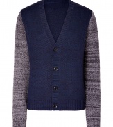 Edgy yet understated, Eduns multicolor cardigan is a cool and easy choice for contemporary daytime looks - V-neckline, variegated tonal grey long sleeves, button-down front - Classic slim straight fit - Wear with denim shirts, tailored trousers and boots