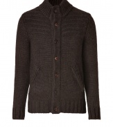 A timeless classic style with limitless wearing possibilities, Woolrichs textured wool-alpaca cardigan is a must for your winter knitwear wardrobe - Ribbed stand-up collar, long sleeves, chunky ribbed knit trim, button-down front, slit pockets, suede elbow patches - Modern slim fit - Wear with flannels, jeans and weather boots