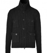 Detailed with a stand-up collar for a chic modern feel, Burberry Brits chunky knit flecked black cardigan is a cool choice for taking your look into the next season in style - Stand-up collar, long sleeves, ribbed trim, two-way front zip, button panel, buttoned patch pockets - Slim fit - Wear as a coat with tees and jeans, or indoors in winter over button-downs with tailored trousers