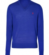 Radiant in royal blue merino wool, Ralph Laurens V-neck pullover is a great basic for this season and next - Embroidered logo, V-neckline, long sleeves, fine ribbed trim - Contemporary slim fit - Wear over shirts or tees with jeans, cords or chinos