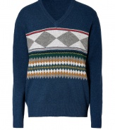 Lend a distinctive edge to your knitwear favorites with Burberry Brits colorful geometric patterned wool pullover - V-neckline, long sleeves, ribbed trim - Contemporary slim straight fit - Wear with slim trousers and lace-up desert boots