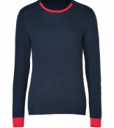 Work a cool colorblock into your knitwear collection with Marc by Marc Jacobs luxe modern iteration in a super soft mix of silk, cotton and cashmere - Round neckline with red trim, long sleeves, red cuffs, fine ribbed trim, red trim on back hemline - Slim fit - Wear with slim fit trousers and leather boots