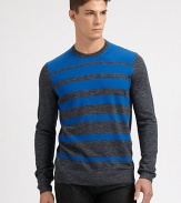 An artful approach to a simply stylish crewneck sweater, striped and woven in a fine blend of wool and linen.CrewneckRibbed knit collar, cuffs and hem38% wool/35% acrylic/15% linen/12% alpacaDry cleanImported