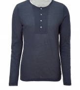 Stylish long sleeve t-shirt in fine, bi-color cashmere and cotton blend - Classically cool in blue and grey - Ultra-soft and lightweight - On-trend, double layer style with crew neck and button placket - Long and lean cut - A great basic ideal for layering or wearing solo - Pair with jeans and a blazer, chinos and sneakers or shorts and flip flops