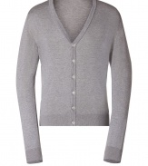 Stylish cardigan in fine, pure silver-colored cotton - Super-soft, densely woven fabric feels great against the skin - Elegant, deep v-neck and rib trim at cuffs and hem - Button placket extends from chest to hem - Modern silhouette is straight and fitted - A polished, versatile basic in any wardrobe - Dress up with a button down, ankle-cropped trousers and leather lace-ups, or go for a more casual look with a t-shirt, jeans and trainers