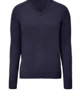 Quietly elegant and effortlessly cool, Jil Sanders navy pullover raises the bar on everyday indispensables - Classic  v-neck style, in a soft, densely woven medium-weight Italian wool and camel hair blend - Rib trim at cuffs, collar and sleeves - Slim, straight cut - Versatile and polished, seamlessly transitions from work to weekend - Pair with slim trousers, chinos or dark denim