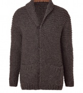 Cozy cardigan is stylish in fine dark brown alpaca-nylon blend - Noble, chunky knit texture - Narrow cut with small shawl lapels, placket, two pockets and long sleeves - Favorite piece of everyday, it fits perfectly with tees, jeans, corduroys or chinos