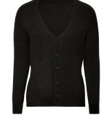 Old-school cool gets a decidedly modern finish in Neil Barretts super soft black V-neck cardigan - V-neckline, long sleeves, fine ribbed trim, button-down front - Shorter slim fit - Pair with tailored trousers and chic lace-ups for work