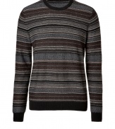 Work modern striping into your basic knitwear collection with Vinces tonal black-multi variegated knit pullover, finished with solid trim for that chic city edge - Rounded neckline, ribbed trim - Straight silhouette, contemporary slim fit - Pair with favorite jeans and boots on the weekend, or dress up with tailored trousers and lace-ups for work