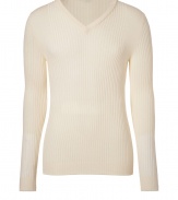 Add a minimalist edge to your contemporary knitwear collection with Jet Sets cool off-white ribbed wool V-neck pullover - Contrast knit at shoulders, flat ribbed trim - Modern slim fit - Wear with everything from jeans and rugged boots to tailored trousers and lace-ups