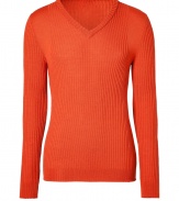 Add a bright edge to your contemporary knitwear collection with Jet Sets radiant dark orange ribbed wool V-neck pullover - Contrast knit at shoulders, flat ribbed trim - Modern slim fit - Wear with everything from jeans and rugged boots to tailored trousers and lace-ups