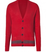 Work a contemporary edge into your chic knitwear collection with Marc by Marc Jacobs varsity-style silk-cashmere cardigan - V-neckline, long sleeves, button-down front, fine ribbed trim - Modern slim, straight fit - Pair with everything from jeans and tees to blazers and boots