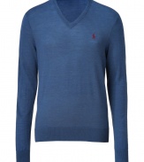 Elegant in derby blue merino wool, Ralph Laurens V-neck pullover is a great basic for this season and next - Embroidered logo, V-neckline, long sleeves, fine ribbed trim - Contemporary slim fit - Wear over shirts or tees with jeans, cords or chinos