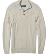 American Rag borrows the kind of classic cables featured on a fisherman's knit for a lighter weight, three-season cotton sweater with a buttoning mock turtleneck.