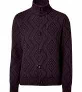 Luxurious purple wool cardigan - This cardigan is super stylish with a high neck and updated argyle pattern - Perfect for layering, this sweater is a key piece for any wardrobe - Style with straight leg jeans and trainers - Wear with slim trousers, a t-shirt, and moto boots