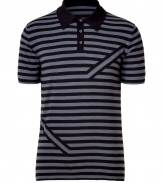 Infuse casual-cool into your off-duty look with this edgy striped polo from PS by Paul Smith -Small contrasting spread collar, front button half-placket, all-over stripe horizontal print with diagonal stripe front and back detail - Pair with slim trousers, a blazer, and oxfords