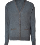 Stylish cardigan in fine, charcoal cotton and silk blend - Super-soft, densely woven fabric feels great against the skin - Elegant, deep v-neck and two small pockets at hip - Contrast trim button placket extends from chest to hem - Modern silhouette is straight and slim - A polished, versatile basic in any wardrobe - Dress up with a button down, ankle-cropped trousers and leather lace-ups, or go for a more casual look with a t-shirt, jeans and trainers