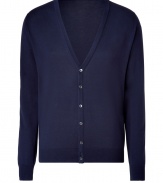 Stylish cardigan in fine, pure navy cotton - Super-soft, densely woven fabric feels great against the skin - Elegant, deep v-neck and rib trim at cuffs and hem - Button placket extends from chest to hem - Modern silhouette is straight and fitted - A polished, versatile basic in any wardrobe - Dress up with a button down, ankle-cropped trousers and leather lace-ups, or go for a more casual look with a t-shirt, jeans and trainers