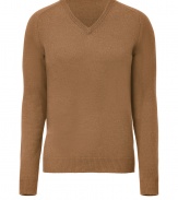 Quietly elegant and effortlessly cool, Jil Sanders camel pullover raises the bar on everyday indispensables - Classic  v-neck style, in a soft, densely woven medium-weight Italian wool and camel hair blend - Rib trim at cuffs, collar and sleeves - Slim, straight cut - Versatile and polished, seamlessly transitions from work to weekend - Pair with slim trousers, chinos or dark denim