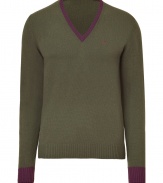 The classic V-neck pullover gets a colorful kick from Etro with this jewel-tone wool version - V-neck with contrasting purple hue, long sleeves with purple ribbed cuffs, logo at chest, slim fit - Style with jeans or chinos and brogues