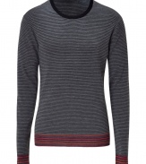 Effortlessly cool and versatile, this slim striped merino wool sweater is a must-have basic - Banded round neck, long sleeves, all-over stripe print, contrasting stripes at cuffs and hem, slim fit - Style with straight leg jeans, chinos, or corduroys