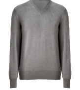 Polished, streamlined staples anchor any wardrobe, and Hugos medium grey pullover is a great go-to this season - Crafted from a lighter-weight, pure virgin wool - Classically slim, straight cut - Long, fitted sleeves and v-neck - Banded trim at cuffs, hem and collar - Versatile and elegant, the perfect compliment to chinos, jeans or dress trousers