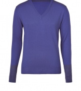 Update your fall/winter basics with a casual pullover that is as luxurious as it is versatile - Crafted in a wonderfully soft, violet-colored wool and cotton blend, with olive-colored patch accents at shoulders and sleeve cuffs - Features a narrow-waisted cut with V-neckline and long, slim sleeves - Wear for work or play with jeans, chinos or business pants - Great as a layering piece or worn solo