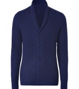 Cozy up to elegant comfort with this dark blue mohair-wool blend cardigan - Features a narrow cut with a shawl collar, half placket and long sleeves - Classic ribbing for exceptionally high-quality look and fit - Favorite everyday piece with jeans, chinos or corduroys - Try with slim-fit grey denim and favorite boots