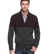 Bold colorblocking gives this mock-neck cardigan from Kenneth Cole Reaction style from top to bottom.