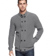 Not your grandfather's cardigan. This double-breasted sweater from Kenneth Cole New York is a smooth change of pace for your fashion-forward layering.